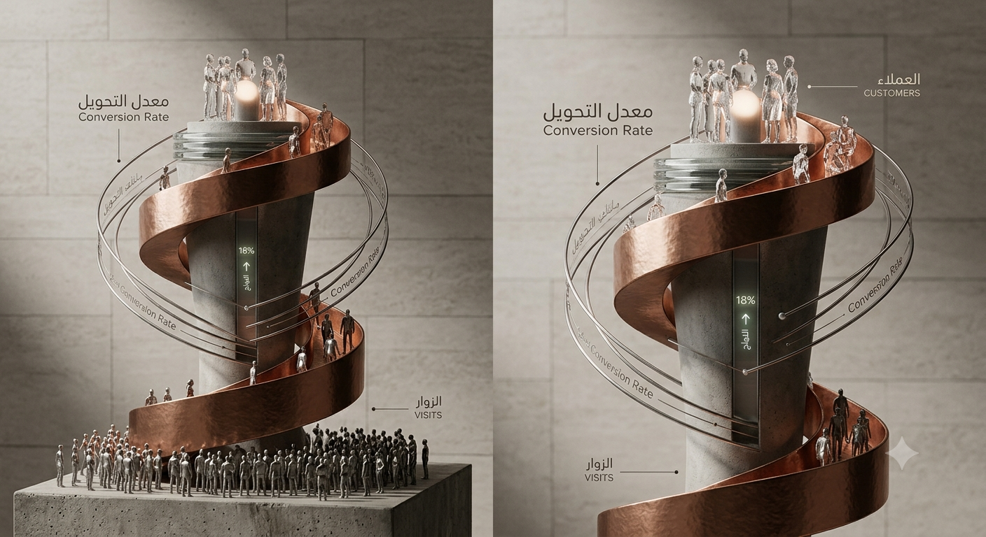 تصميم يوضح مفهوم معدل التحويل وأهميته في تحسين أداء الحملات التسويقية وزيادة المبيعات.